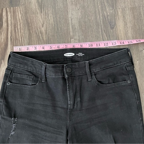 Old Navy Black Distressed Power Slim Straight Mid Rise Jeans - Picture 11 of 13